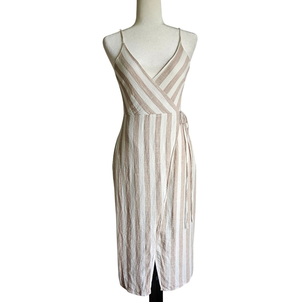 Astr Beige and White Striped Midi Wrap Dress
